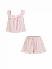 Textured Ruffled Stripe Bowknot Top & Mid Rise Micro Shorts Set Curve & Plus