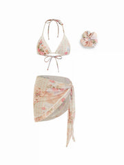 Halter Neckline Floral Lace Trim Triangle Bikini Set With Sarong & Scrunchie