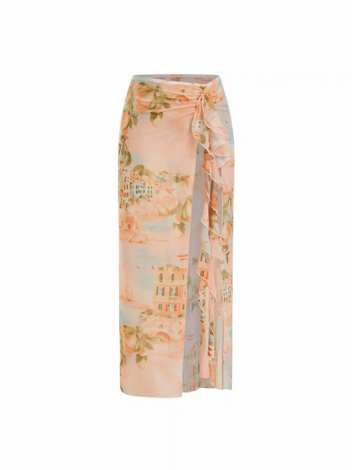 Semi-sheer Low Rise Fruit Graphic Knotted Ruffle Hem Sarong