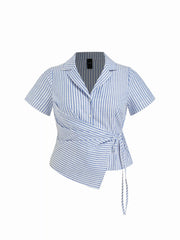 Cotton-blend Stripe Wrap Short Sleeve Blouse Curve & Plus