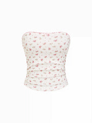Cotton Pointelle Ditsy Floral Ruched Bowknot Crop Bandeau Top
