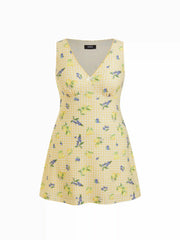 Fruit Checks V-neck Bowknot A-line Mini Dress Curve & Plus