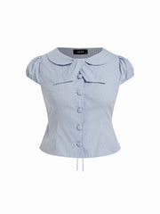 Cotton-blend Gingham Peter Pan Collar Puff Sleeve Knotted Blouse Curve & Plus