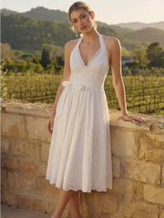100% Cotton Textured Halter Neck Broderie Anglaise Wrap Flared Midi Dress