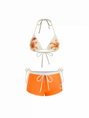 Halter Neckline Floral Triangle Tie Side Bikini Set With Cover Up Shorts