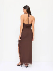 Chiffon Halter Neckline Knotted Ruffled Straight Maxi Dress