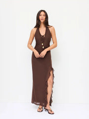 Chiffon Halter Neckline Knotted Ruffled Straight Maxi Dress