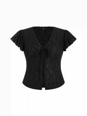 Chiffon V-Neck Ruffle Sleeve Lace Panel Top Curve & Plus