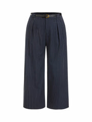 Mid Rise Striped Pleated Straight Leg Trousers With Belt Curve & Plus