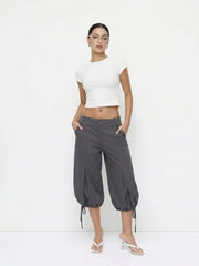 Washed Denim Low Rise Drawstring Hem Pleated Oversized Jogger Bermuda Jorts