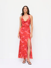 Floral Mesh Halter Neck Asymmetrical Split Mermaid Maxi Dress