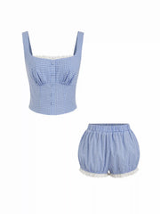 Cotton Square Neck Lace Panel Gingham Top & Mid Rise Bubble Hem Shorts Set