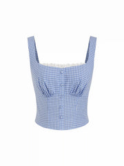 Cotton Square Neck Lace Panel Gingham Top & Mid Rise Bubble Hem Shorts Set