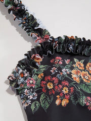 Square Neck Floral Ruffle Trim One Piece Swimsuit