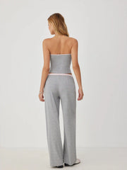 Cotton-blend Drawstring Bandeau Top & High Rise Wide Leg Trousers Set