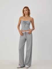 Cotton-blend Drawstring Bandeau Top & High Rise Wide Leg Trousers Set