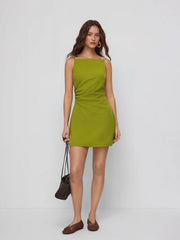Square Neck Beaded Ruched A-line Cami Mini Dress