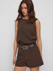 Round Neckline Striped Top & Mid Rise Striped Shorts Set with Belt