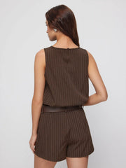 Round Neckline Striped Top & Mid Rise Striped Shorts Set with Belt