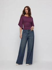 Boat Neck Mid-length Bell Sleeve Ruched Tee