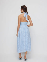 Jacquard Floral Halter Neckline Backless Flared Maxi Dress