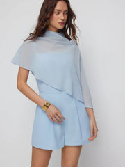 High Neck Asymmetrical Cloak Sleeve Poncho Top & Mid Rise Romper Set