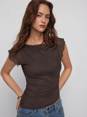Mesh Boat Neck Lettuce Trim Ruched Top