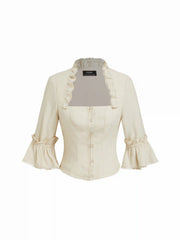 Linen-blend Square Neck Ruched Ruffle Bell Sleeve Blouse