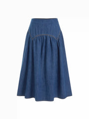 Washed Denim Mid Rise Ruched A-line Maxi Skirt