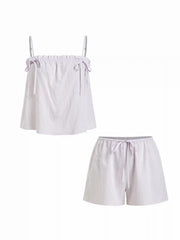 Linen-blend Stripe Bowknot Cami Top & Low Rise Shorts Set