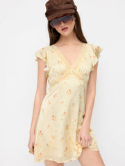 Satin Floral V-neck Ruffle Sleeve Flared Mini Dress