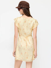 Satin Floral V-neck Ruffle Sleeve Flared Mini Dress