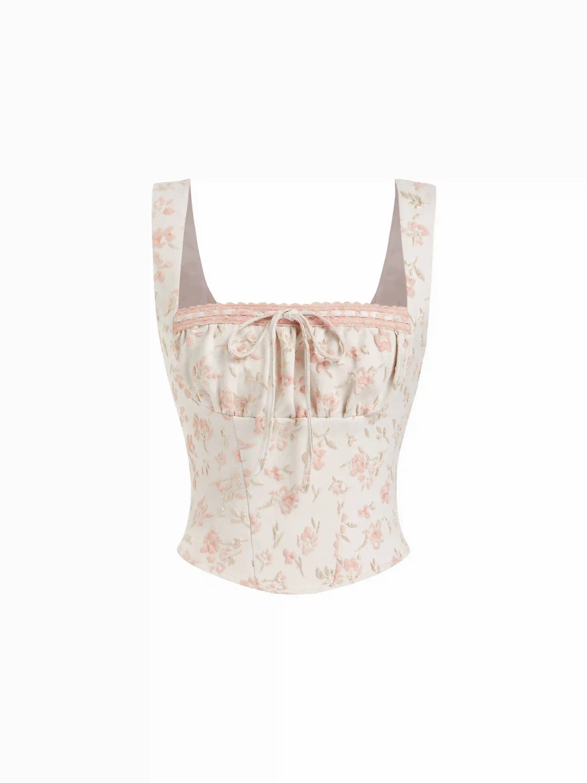 Floral Jacquard Square Neck Bowknot Lace up Crop Tank Blouse