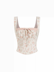 Floral Jacquard Square Neck Bowknot Lace up Crop Tank Blouse