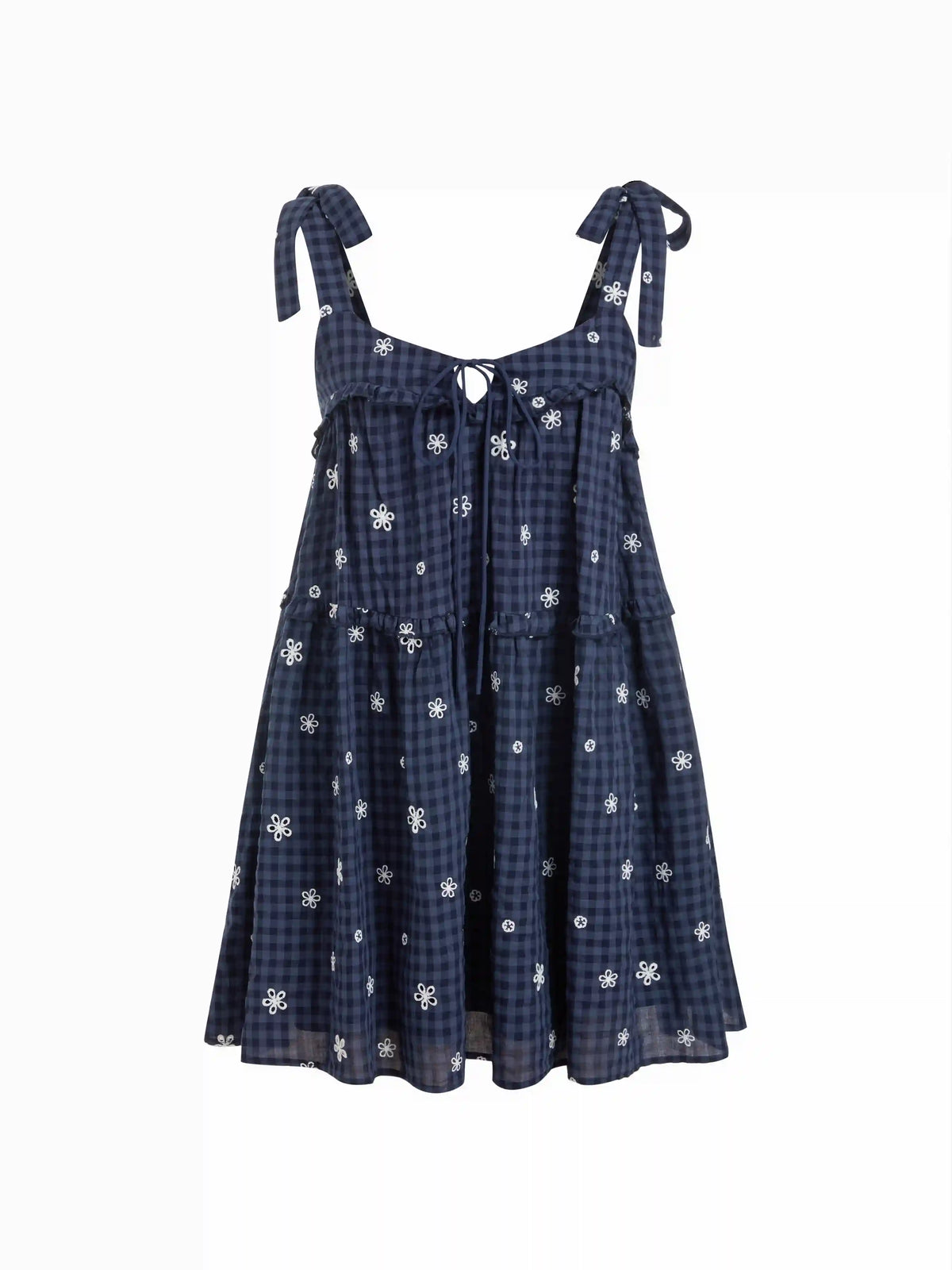 Cotton-blend Gingham Floral Graphic Bowknot Ruffled Tiered Oversized Babydoll Mini Dress