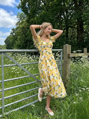 Cotton Lemon Graphic Sweetheart Puff Sleeve Lace Trim Midi Dress