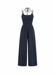 Cotton-blend Mid Rise Scoop Neck Twist Knotted Ruched Wide Leg Jumpsuit