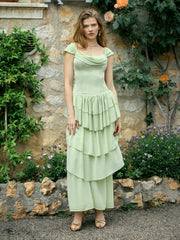 Chiffon Square Neck Draped Tiered Maxi Dress