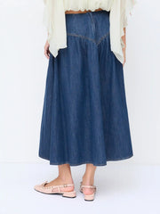 Washed Denim Mid Rise Ruched A-line Maxi Skirt