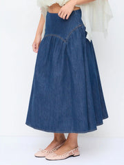 Washed Denim Mid Rise Ruched A-line Maxi Skirt