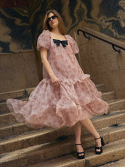 Floral Square Neck Puff Sleeve Bowknot Ruffled Tiered Babydoll Maxi Dress