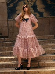 Floral Square Neck Puff Sleeve Bowknot Ruffled Tiered Babydoll Maxi Dress