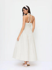 Sculptural Halter V-neck Draped Flared Maxi Dress