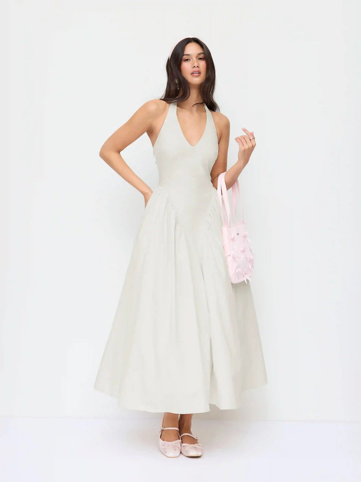 Sculptural Halter V-neck Draped Flared Maxi Dress