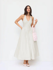 Sculptural Halter V-neck Draped Flared Maxi Dress