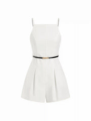 Linen-blend Square Neck Mid Rise Metal Detail Cami Romper With Belt