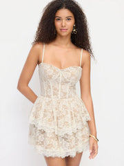 Lace Textured Sculptural Sweetheart Neck Layered Bowknot Tiered Mini Dress