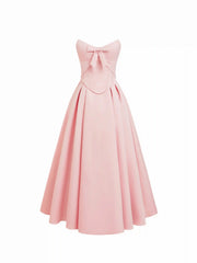Satin Sculptural Strapless Bowknot Flared Maxi Dress