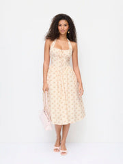 Cotton-blend Sculptural Halter Neck Ditsy Floral Shirred Milkmaid Midi Dress