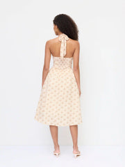 Cotton-blend Sculptural Halter Neck Ditsy Floral Shirred Milkmaid Midi Dress